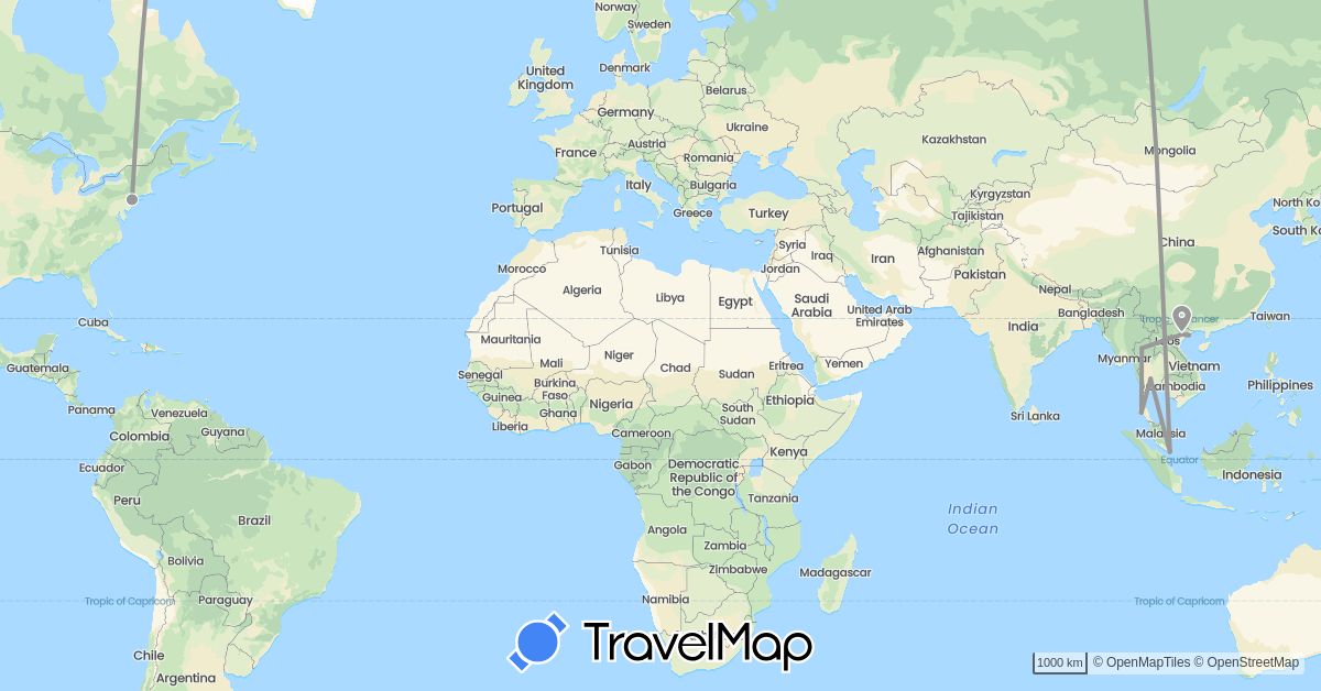 TravelMap itinerary: plane in Singapore, Thailand, United States, Vietnam (Asia, North America)